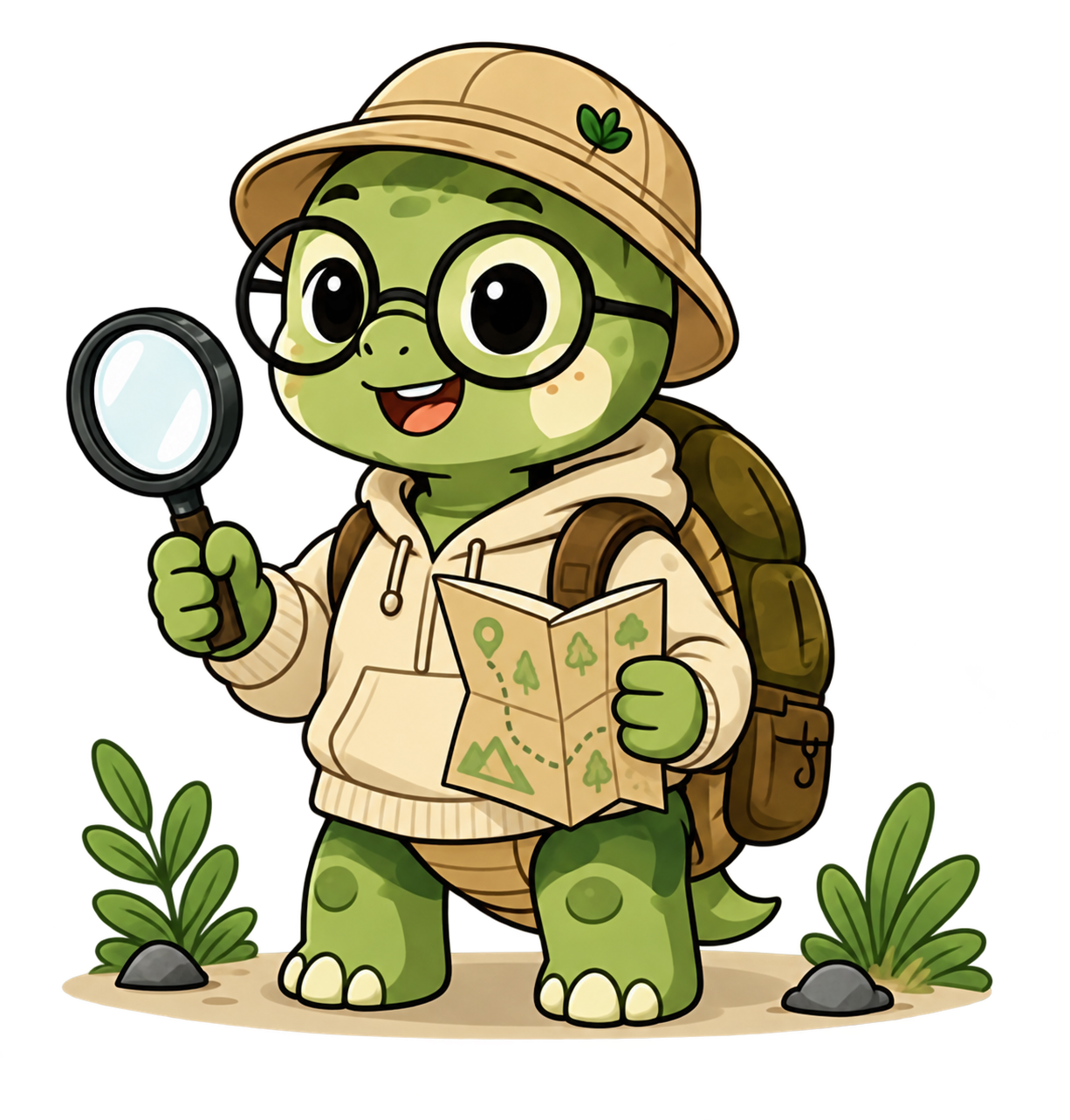 The Tortoise Digital Explorer mascot with map and magnifying glass