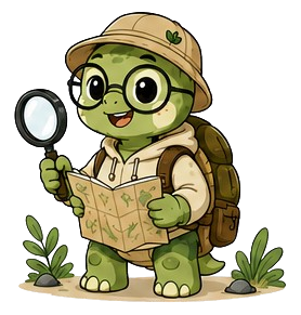 The Tortoise Digital Explorer mascot with map and magnifying glass
