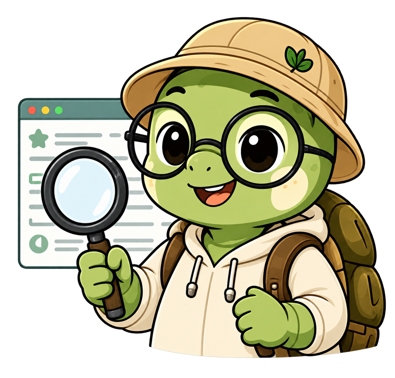 Mascot reviewing a website with a magnifying glass